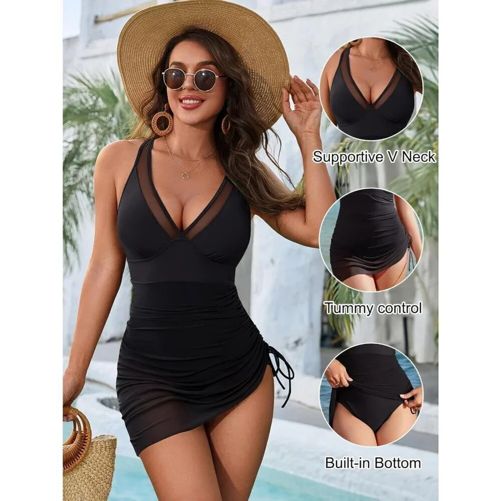 One Piece Swim Dress with Tummy Control & Mesh Sarong Wrap